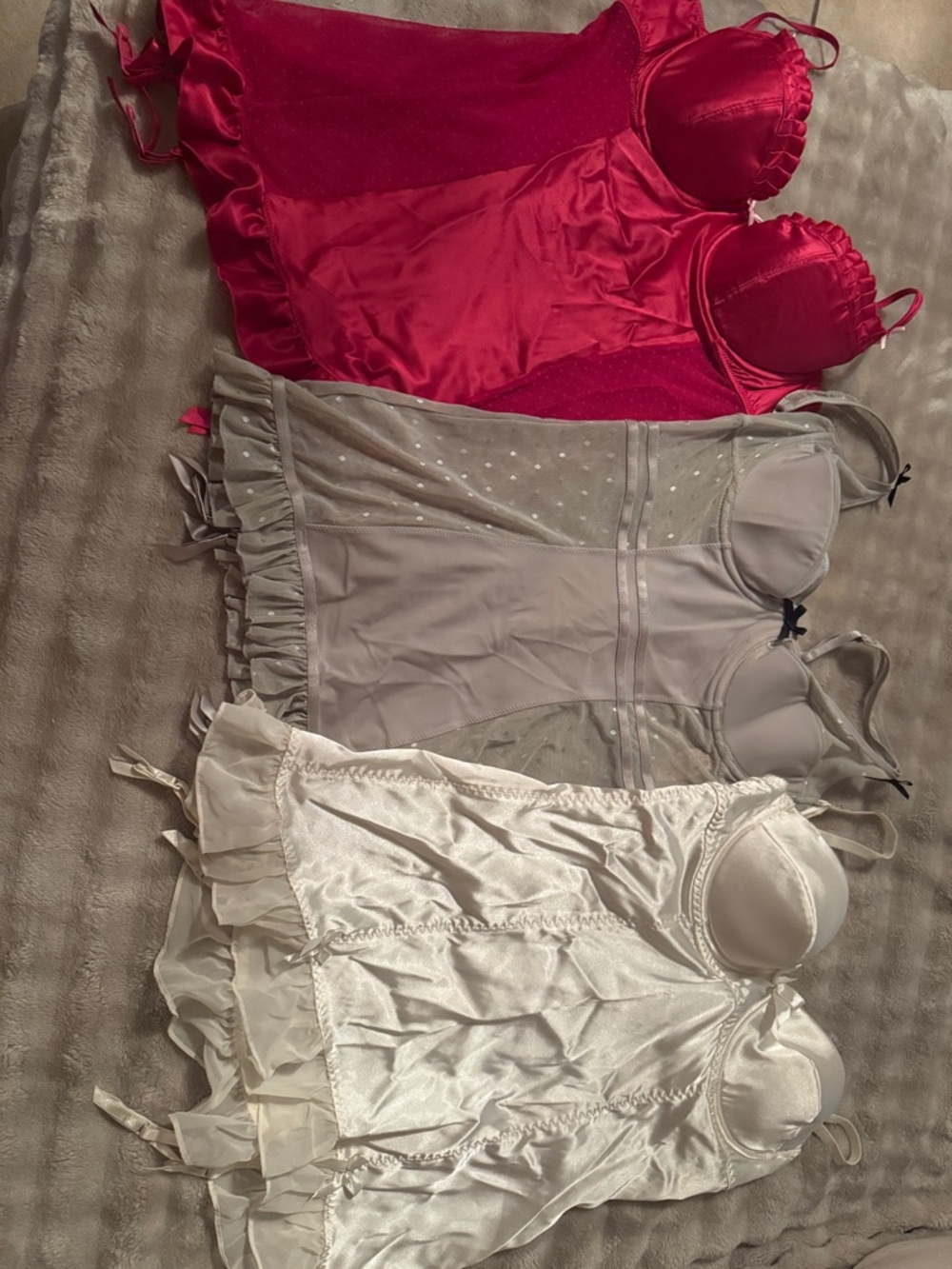 Victoria's Secret Satin & Lace Chemise Set in Hot Pink, Gray, and Ivory